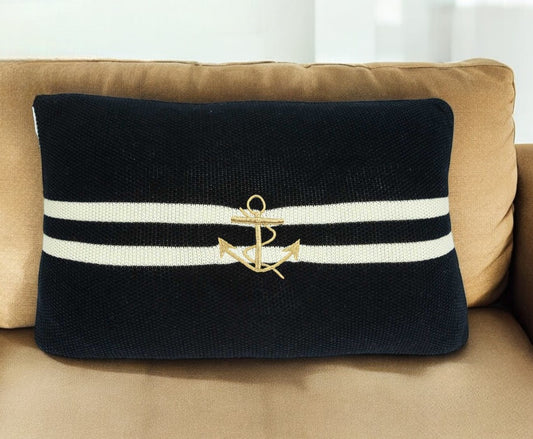 Navy Blue And Gold Anchor Decorative Pillow