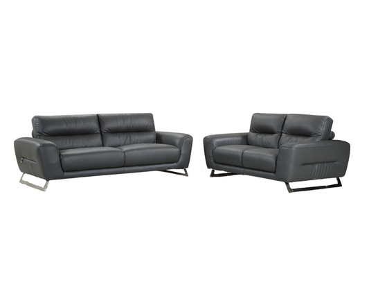 Two Piece Indoor Dark Gray Italian Leather Five Person Seating Set