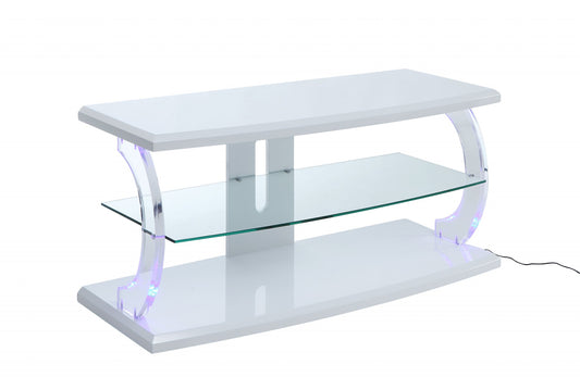 18" X 48" X 22" White Clear Glass Wood Glass Veneer (Melamine) TV Stand (Led)