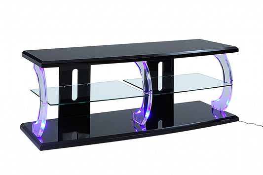 18" X 60" X 22" Black Clear Glass Wood Veneer (Melamine) TV Stand (Led)