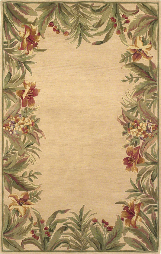 8' X 10' Ivory Hand Tufted Bordered Tropical Plants Indoor Area Rug