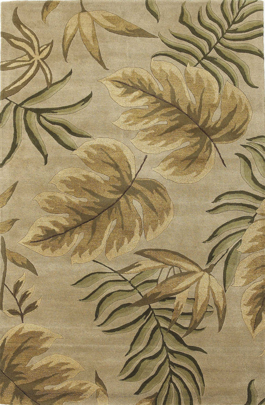 8' X 11' Sand Beige Hand Tufted Tropical Leaves Indoor Area Rug