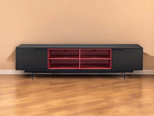 87" Black and Red Aluminum Enclosed and Open Storage TV Stand