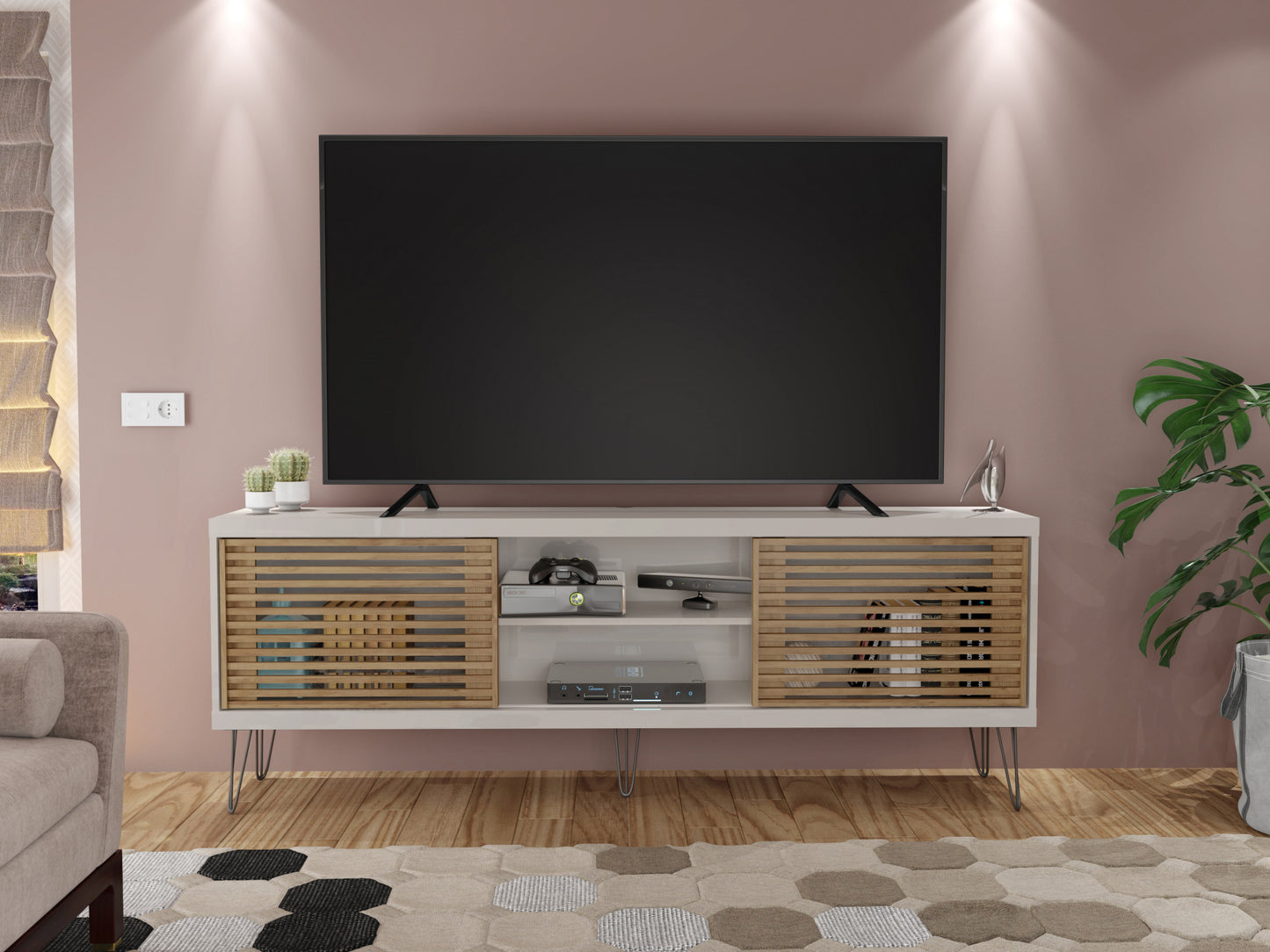 Farmhouse TV Stand With Metal Legs And Wood-Slat Sliding Doors 70 Inch Tv