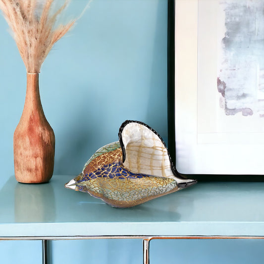 10" Gold Blue Green White Murano Glass Conch Shell Tabletop Sculpture