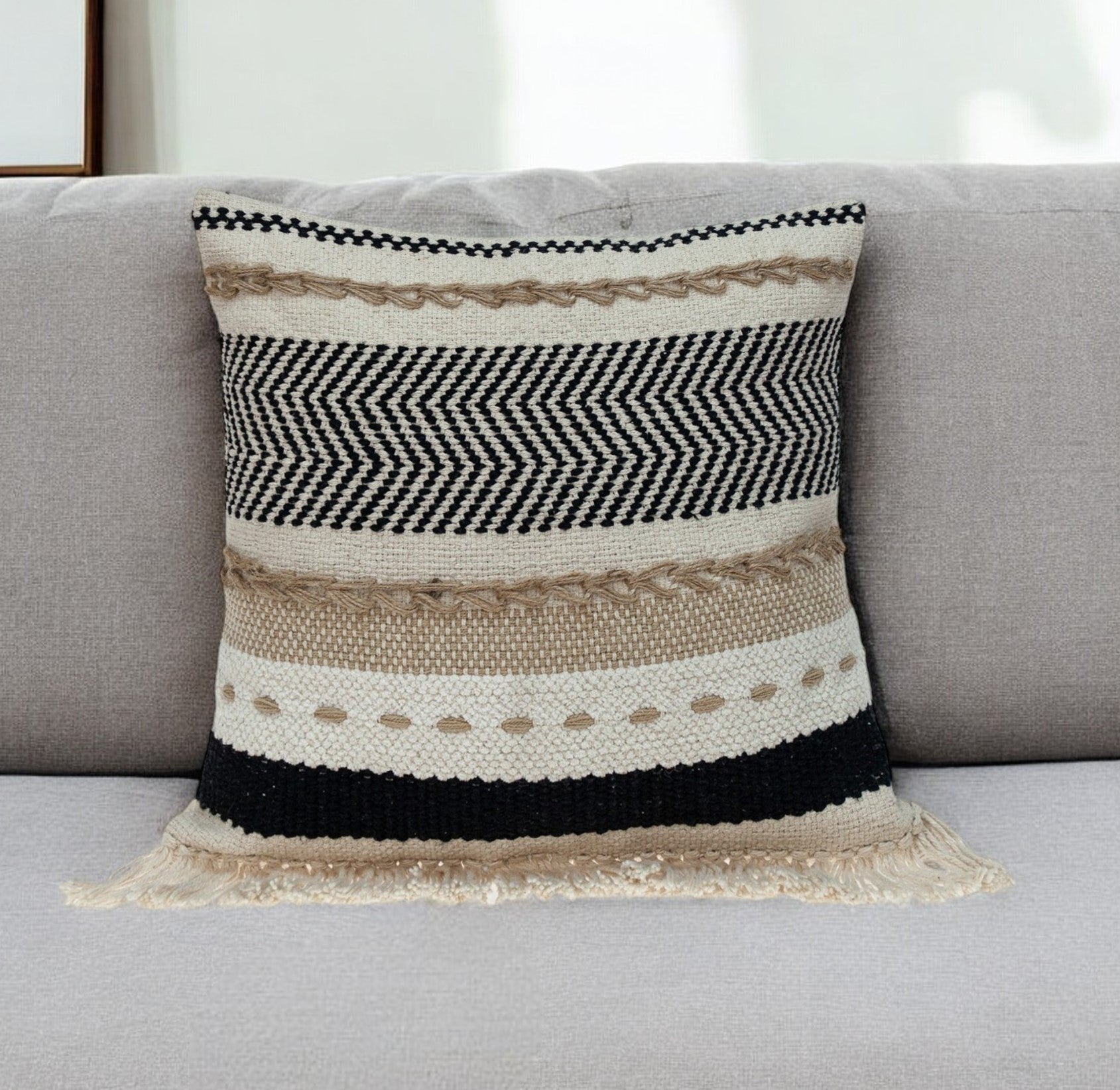 18" Black White And Tan Textured Pillow