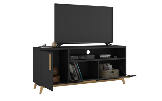 Modern Black And Natural Long Door TV Stand