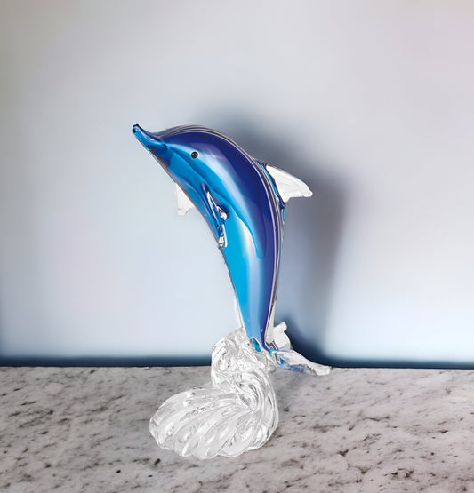 10" Blue Murano Glass Dolphin Figurine Tabletop Sculpture