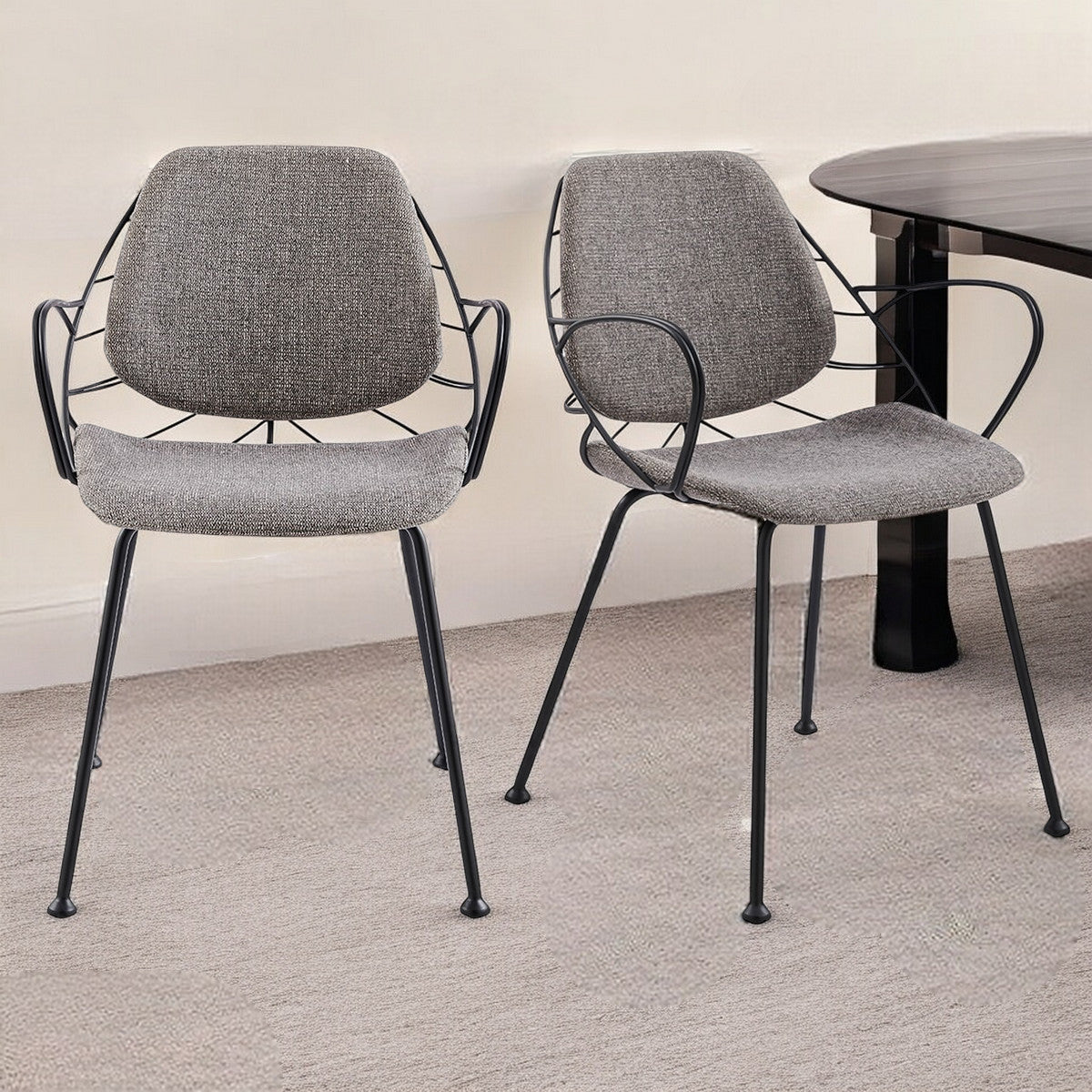 Set of Two Leaf Light Gray Fabric and Black Dining Armchairs