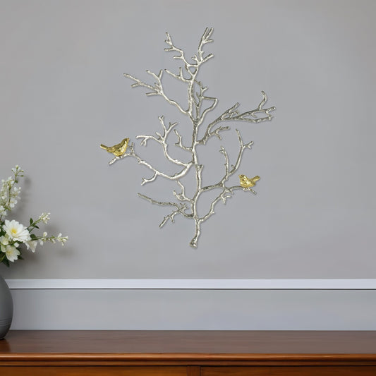 Modern 22" Silver Branch and Golden Birds Wall Art