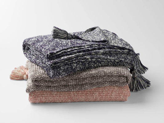Navy and White Chunky Tassel Organic Cotton Grey Throw Blanket
