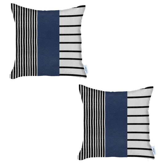 Set of Two 20" X 20" Navy Blue Striped Faux Leather Zippered Pillow