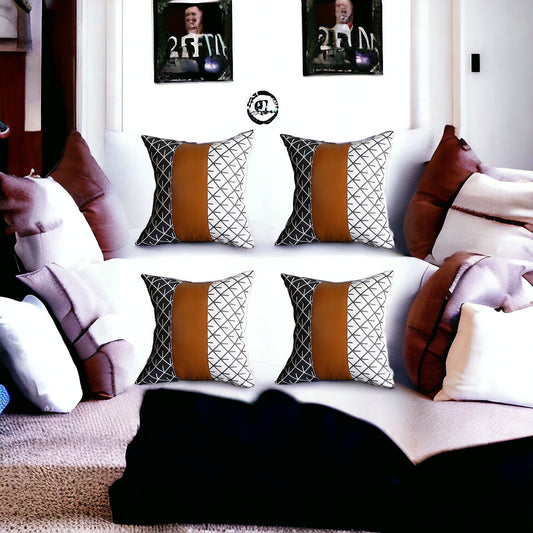 Set Of Four 20" X 20" Brown Faux Leather Geometric Zippered Pillow