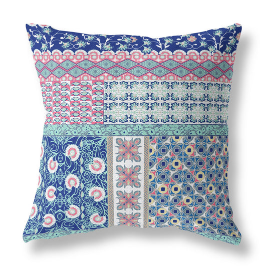 20"X20" Blue And Pink Microsuede Patchwork Blown Seam Pillow