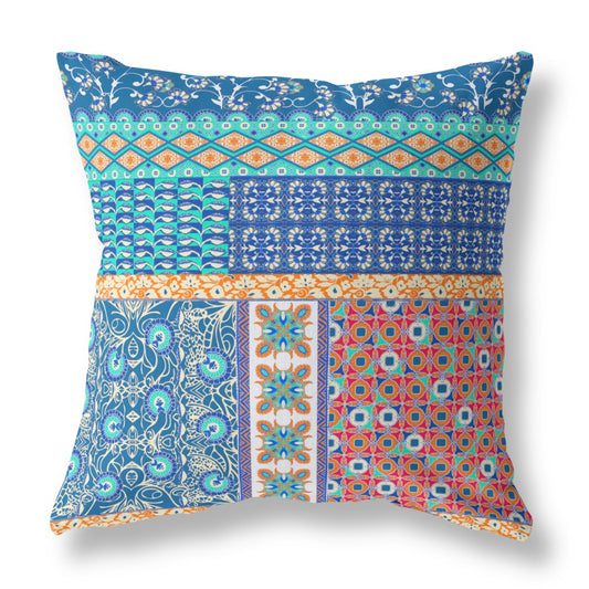 20"X20" Blue And Orange Microsuede Patchwork Blown Seam Pillow