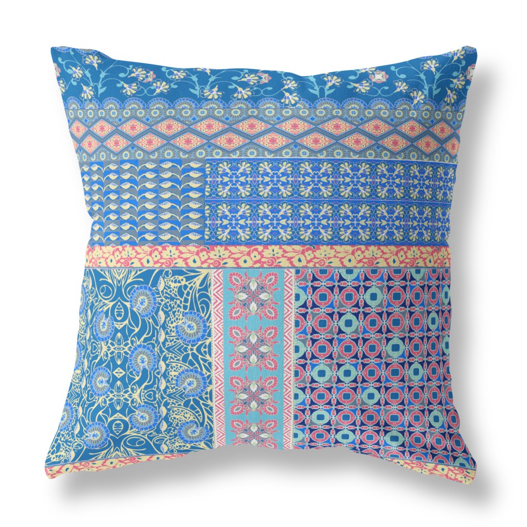 18"X18" Blue And Yellow Microsuede Patchwork Blown Seam Pillow