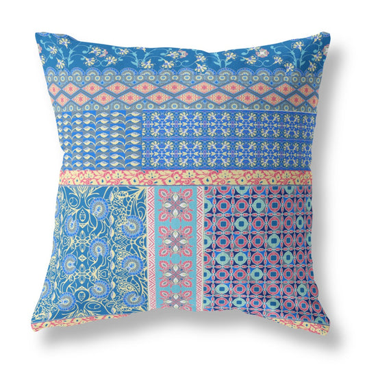20"X20" Blue And Yellow Microsuede Patchwork Blown Seam Pillow