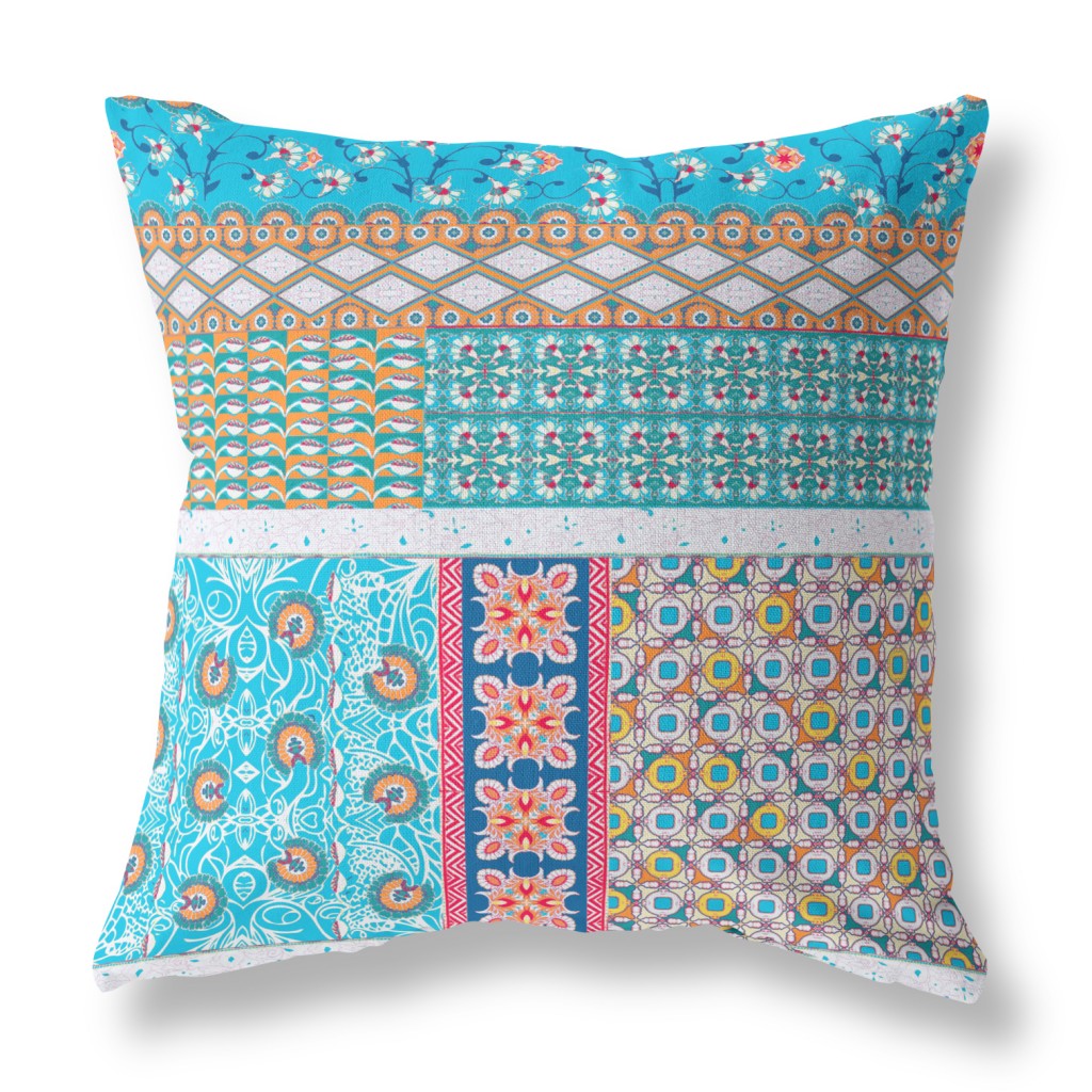 16"X16" Turquoise Microsuede Patchwork Blown Seam Pillow