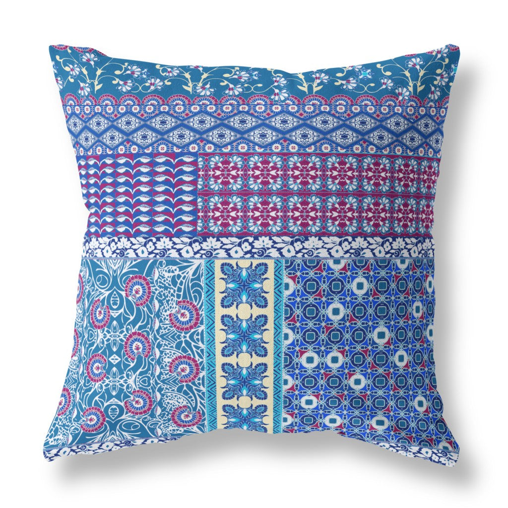 20"X20" Blue And Purple Microsuede Patchwork Blown Seam Pillow