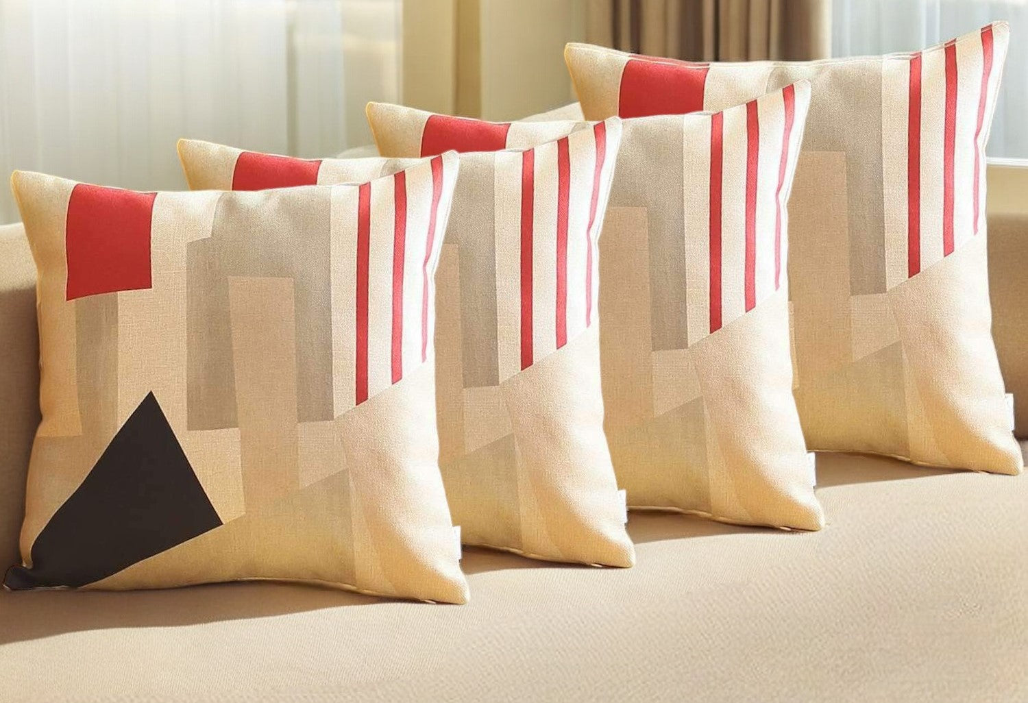 Set Of Four 18" X 18" Gray White Black And Red Polyester Abstract Zippered Pillow