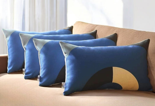Set Of Four 20" X 12" Blue White Black And Gray Polyester Abstract Zippered Pillow