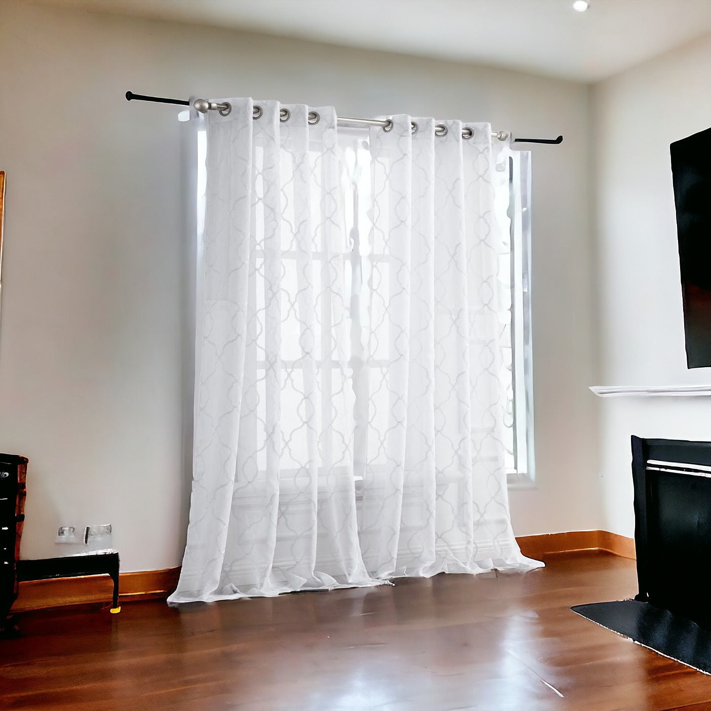 84 White Trellis Pattern Embroidered Window Curtain Panel