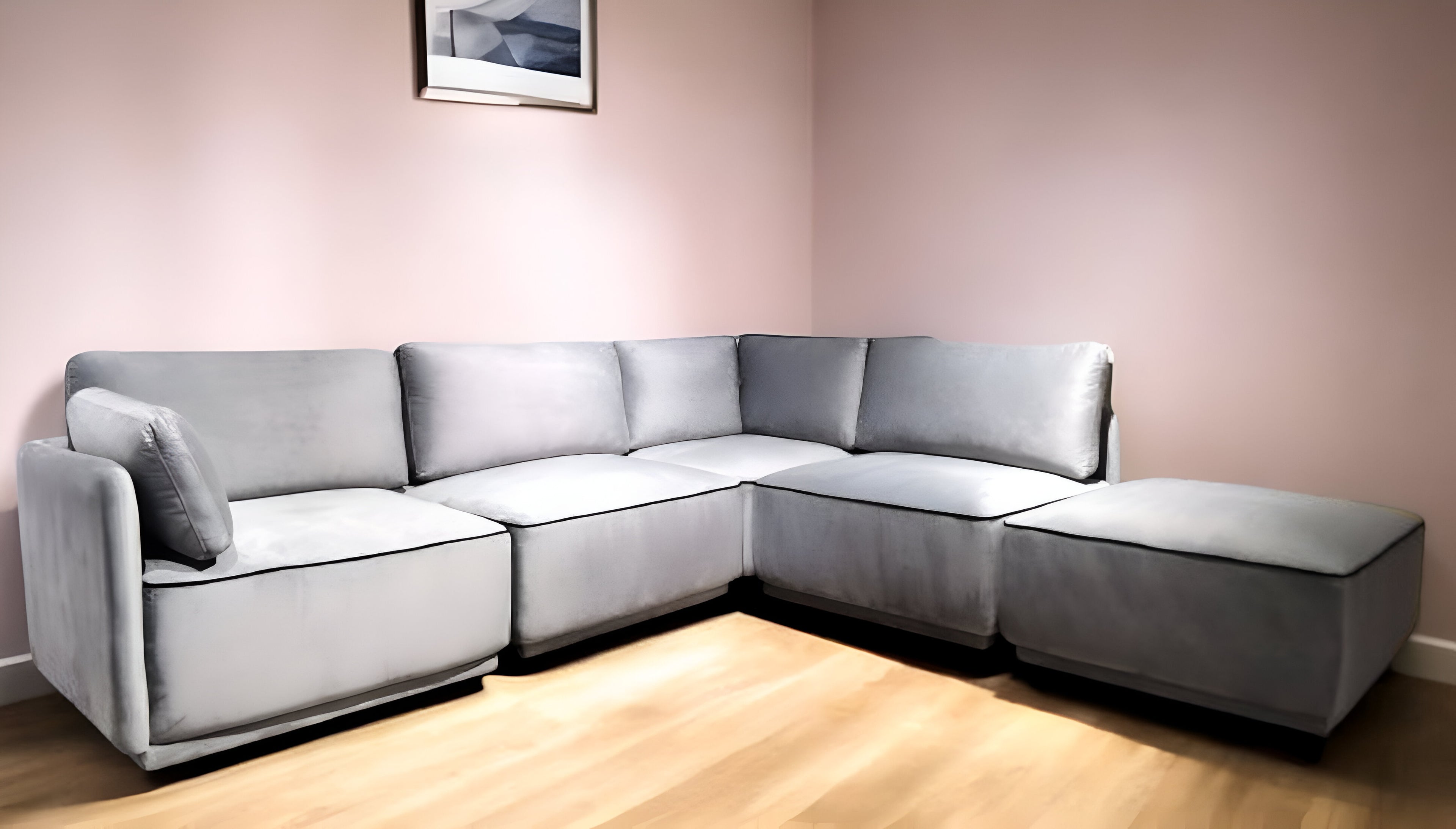 Modern Light Gray Velvet and Black Sectional Sofa with Ottoman