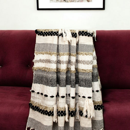 Multicolored Textured Boho Woven Handloom Throw with Tassels