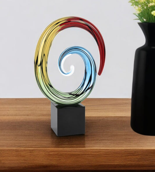 10" Blue and Red Murano Glass Hand Painted Modern Abstract Tabletop Sculpture