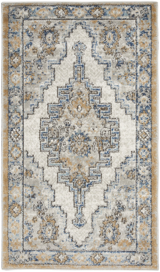 2' X 4' Grey And Light Blue Oriental Power Loom Non Skid Area Rug