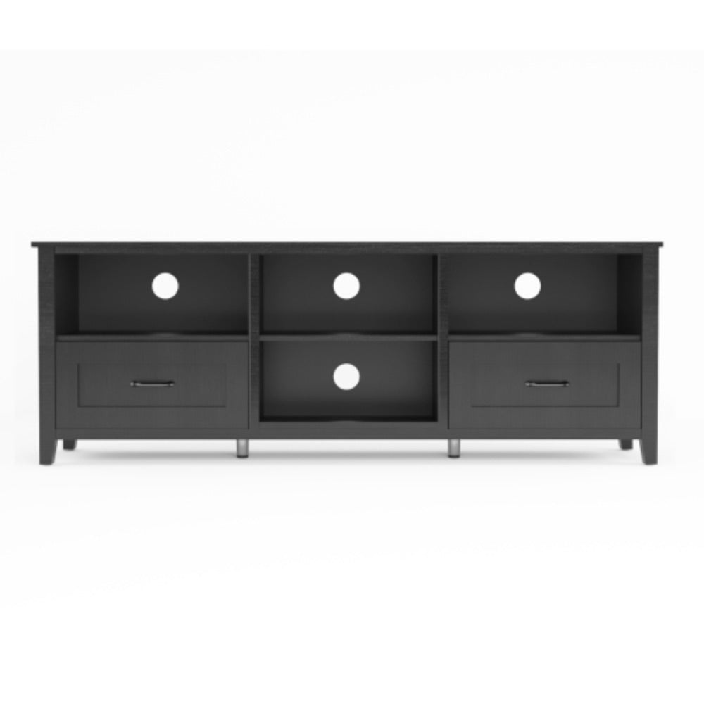 70" Black Open Shelving TV Stand With Bookcase and Two Drawers
