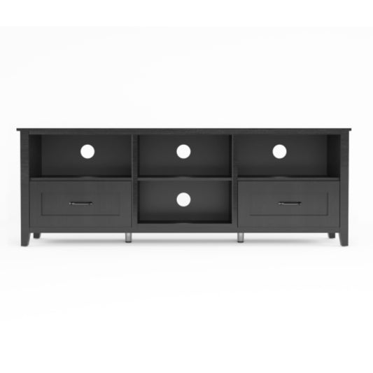 70" Black Open Shelving TV Stand With Bookcase and Two Drawers
