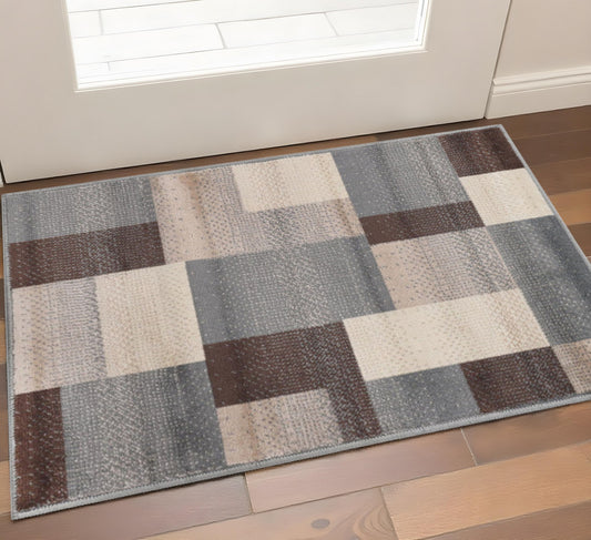 2' X 3' Grey Patchwork Power Loom Stain Resistant Area Rug