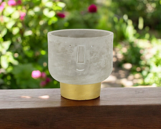 7" Gray and Gold Cement Friendly Face Indoor Outdoor Round Pot Planter