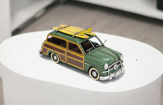 7" Yellow and Green Metal Hand Painted 1949 Green Woody Model Car