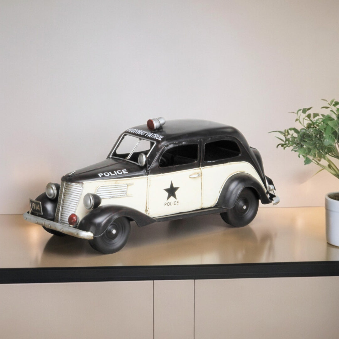 7" Black and White Metal Hand Painted 1937 Police Car Model Car