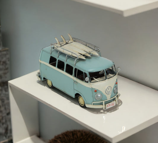 7" Light Blue and White Metal Hand Painted Blue Volkswagen Samba Bus Model Car