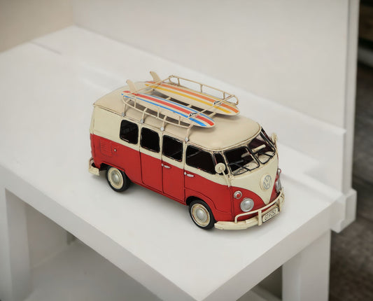 5" Red and White Metal Hand Painted Red Volkswagen Beach Samba Bus Model Car