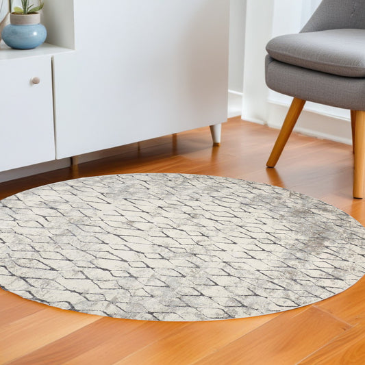 '9' Ivory Gray And Taupe Round Abstract Stain Resistant Area Rug