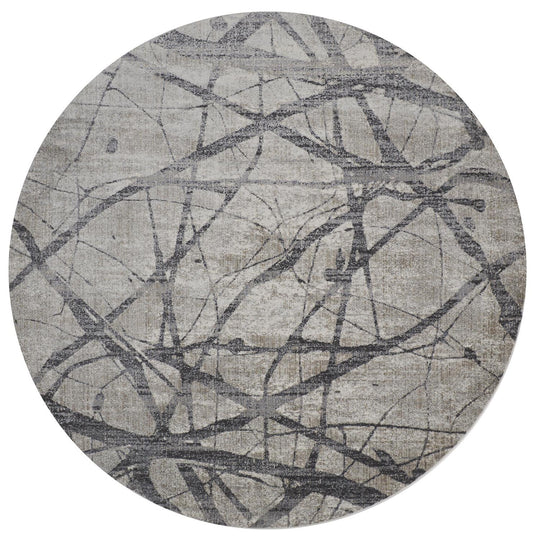 '9' Taupe Gray And Ivory Round Abstract Stain Resistant Area Rug