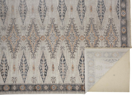 9' X 13' Gray Blue And Orange Floral Stain Resistant Area Rug