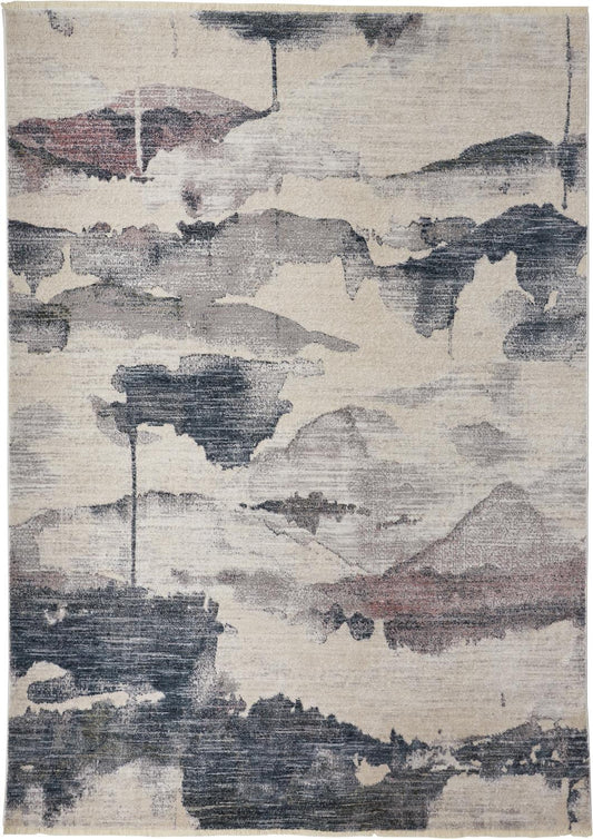 9' X 13' Ivory Blue And Pink Abstract Stain Resistant Area Rug