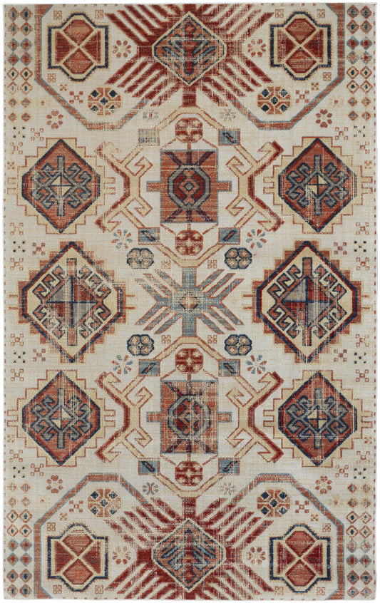 2' X 3' Ivory Red And Tan Abstract Power Loom Distressed Stain Resistant Area Rug