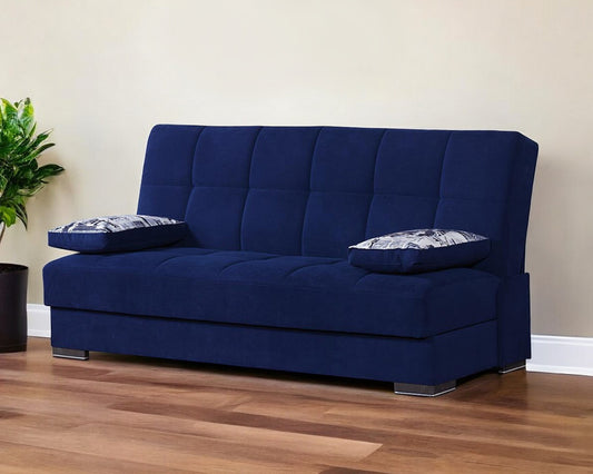75" Navy Blue Chenille Sleeper Sofa And Toss Pillows With Brown Legs