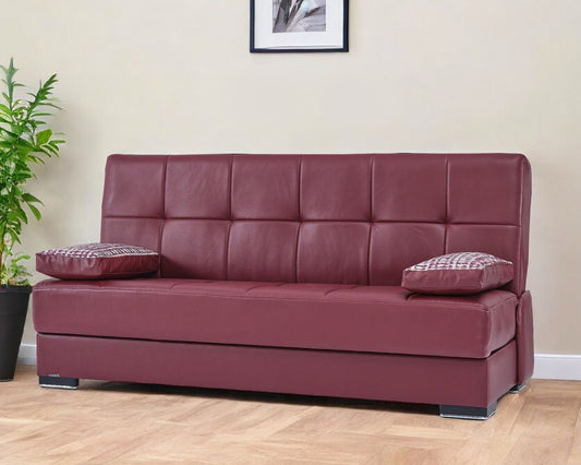 75" Burgundy Faux Leather Convertible Futon Sleeper Sofa And Toss Pillows With Brown Legs