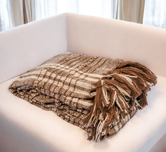 67" X 71" Brown and Ivory Cotton Woven Geometric Throw Blanket with Fringe
