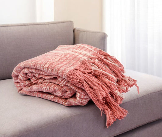 67" X 71" Pink and Ivory Cotton Woven Geometric Throw Blanket with Fringe