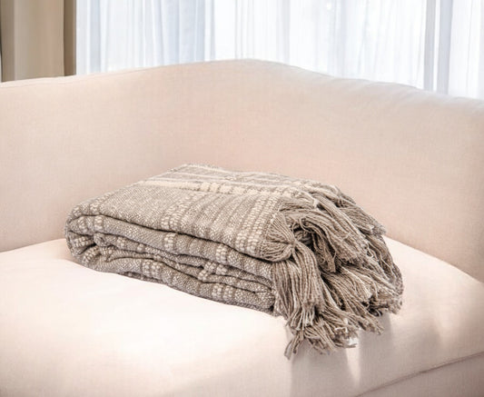 67" X 71" Gray and Ivory Cotton Woven Geometric Throw Blanket with Fringe