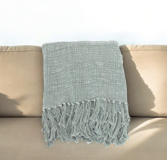 67" X 71" Sage Cotton Woven Throw Blanket with Fringe