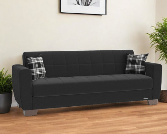 84" Black Chenille Sleeper Sleeper Sofa And Toss Pillows With Brown Legs